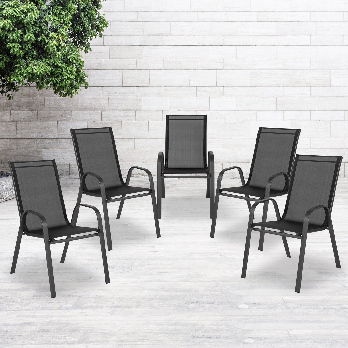 5 Pack Black Outdoor Stack Chair with Flex Comfort Material and Metal Frame(Black)