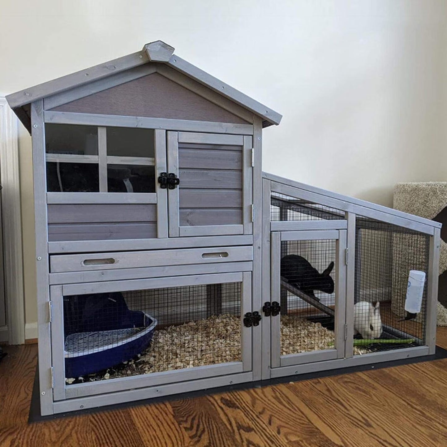 Rabbit Hutch Outdoor Indoor Bunny Cage with Pull Out Tray, Upgraded Chicken Coop with Removable Wire Mesh Bottom, Gray