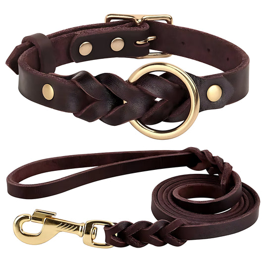 Genuine Leather Dog Collar & Leash Set – Braided Heavy Duty Lead for Medium & Large Dogs Sheddings Pet Supplies