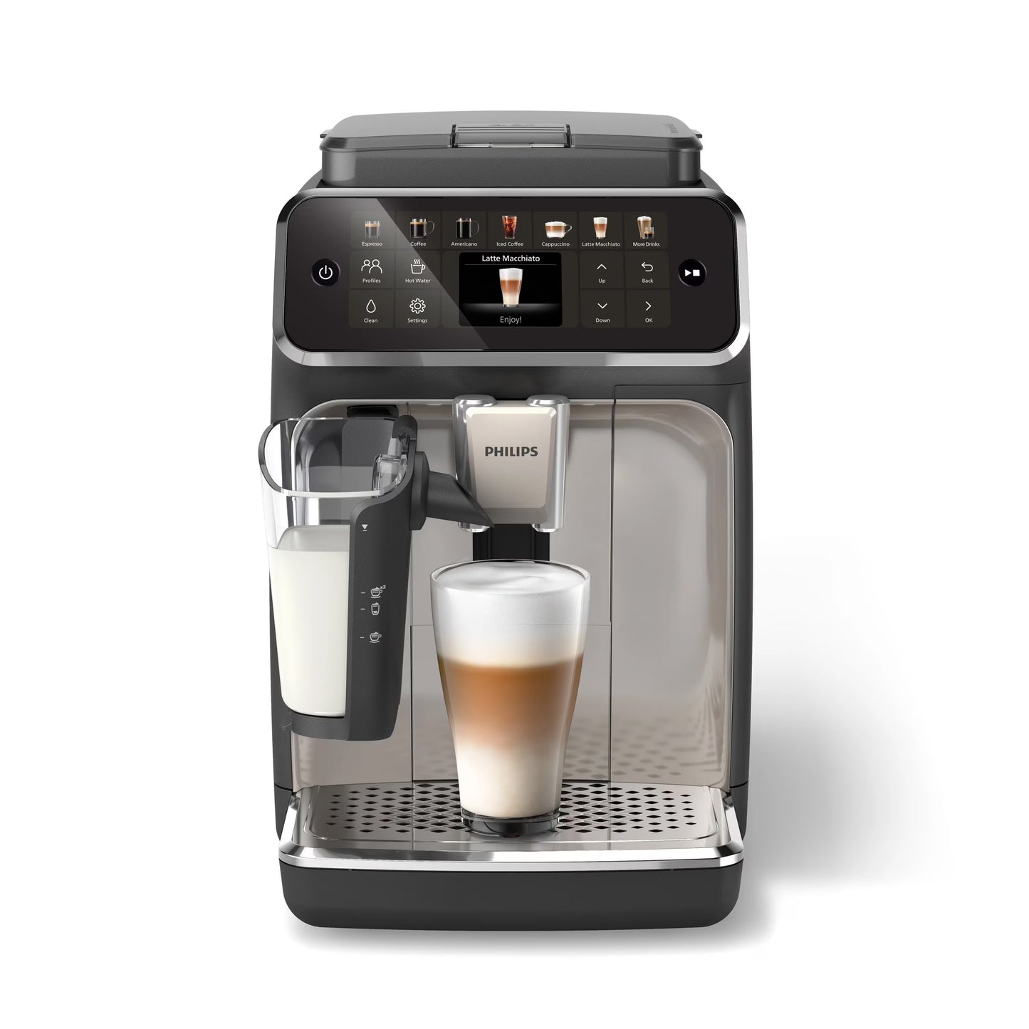 Series 4400 Fully Automatic LatteGo Espresso Machine, SilentBrew Technology, Quick Start. Aromatic Coffee from Freshly Ground Beans, 12 Hot and Iced Drinks, Black Chrome (EP4447/90)