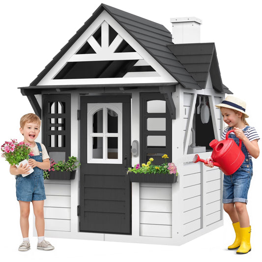 Outdoor Playhouse for Kids Ages 4-8, Wooden Play House with Doorbell, Phone, Kitchen Toys, Outdoor Kids Play Equipment, Casa Para Niñas (45”L x 65”H), White Black(Black+White)