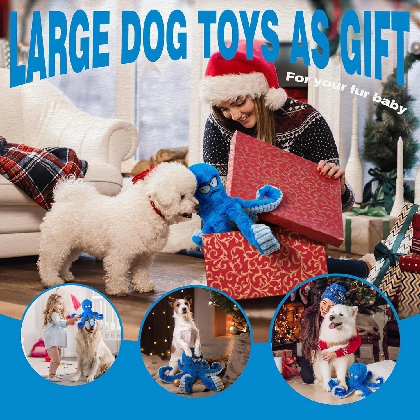 Blue Octopus Dog Toy – Tough Chew, Squeaky & Interactive Fun Sheddingspetsupplies