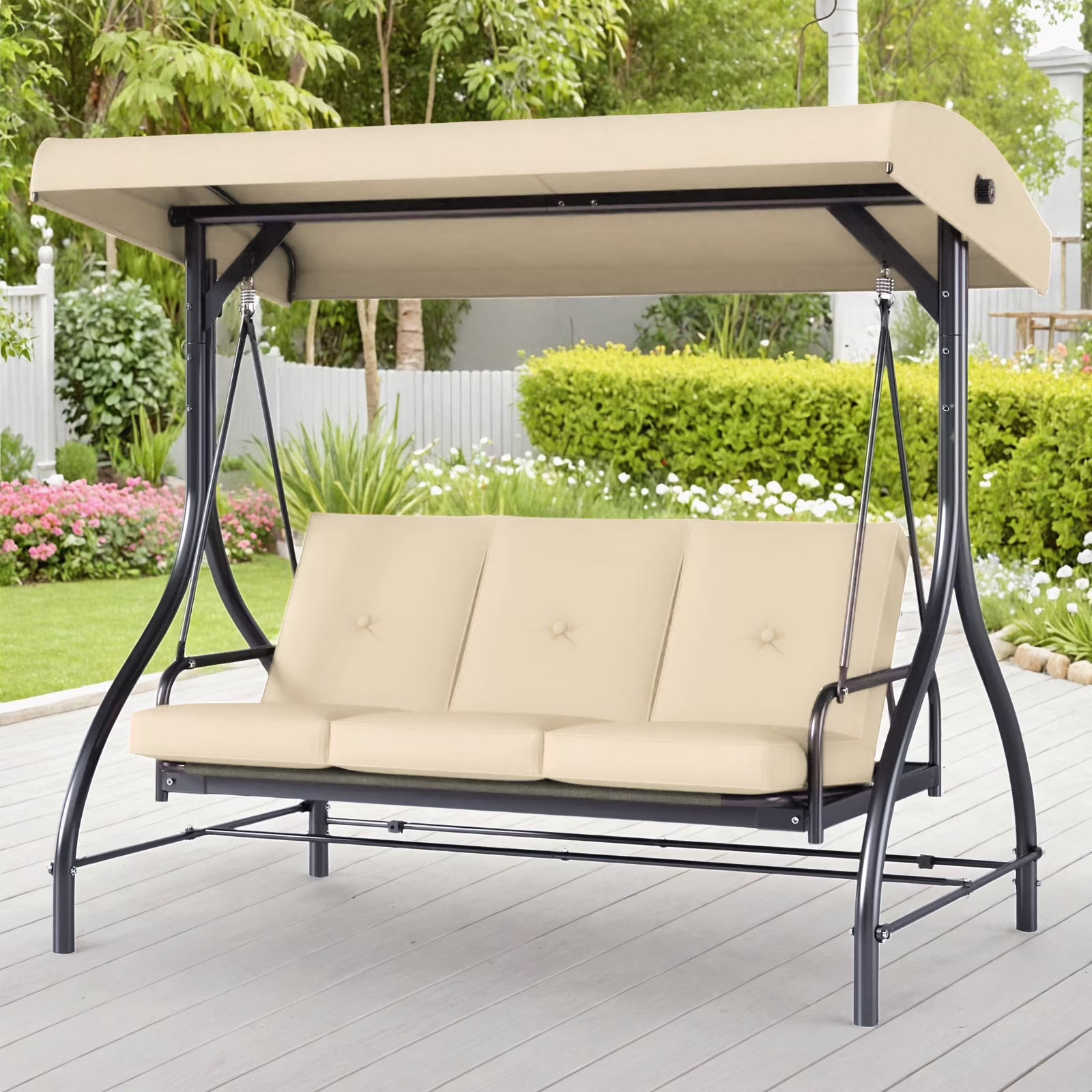 3 Person Porch Swing Outdoor Converting Canopy Swing Glider with Canopy(Beige)