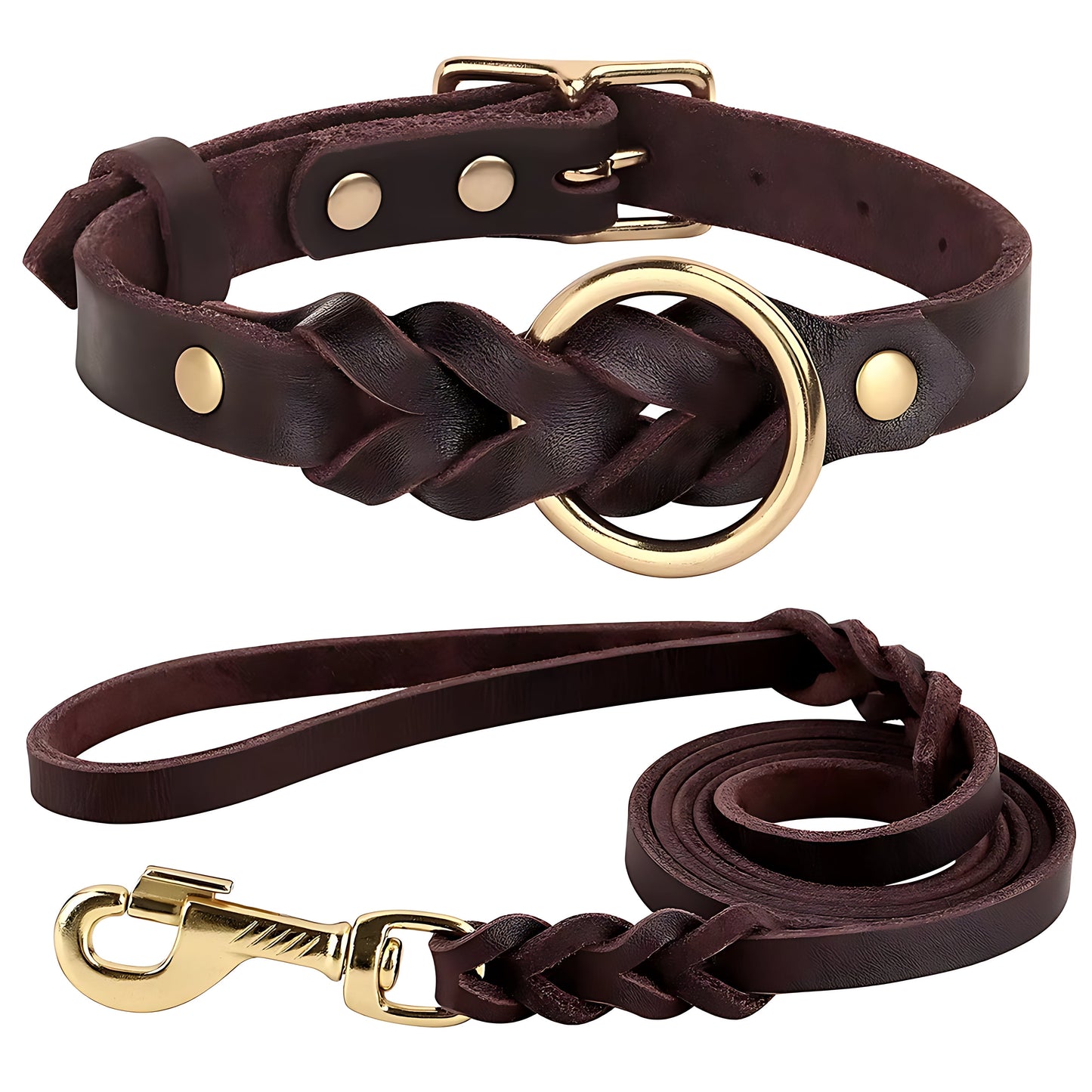 Genuine Leather Dog Collar & Lead Set – Braided Heavy Duty Leash Sheddingspetsupplies