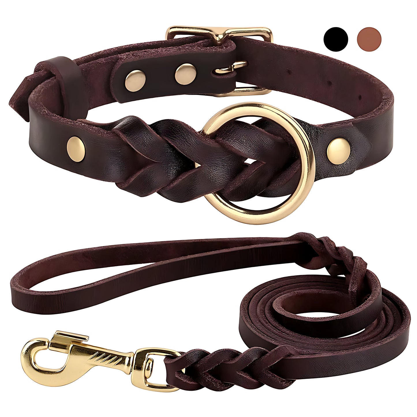 Genuine Leather Dog Collar & Leash Set – Braided Heavy Duty Lead for Medium & Large Dogs Sheddings Pet Supplies