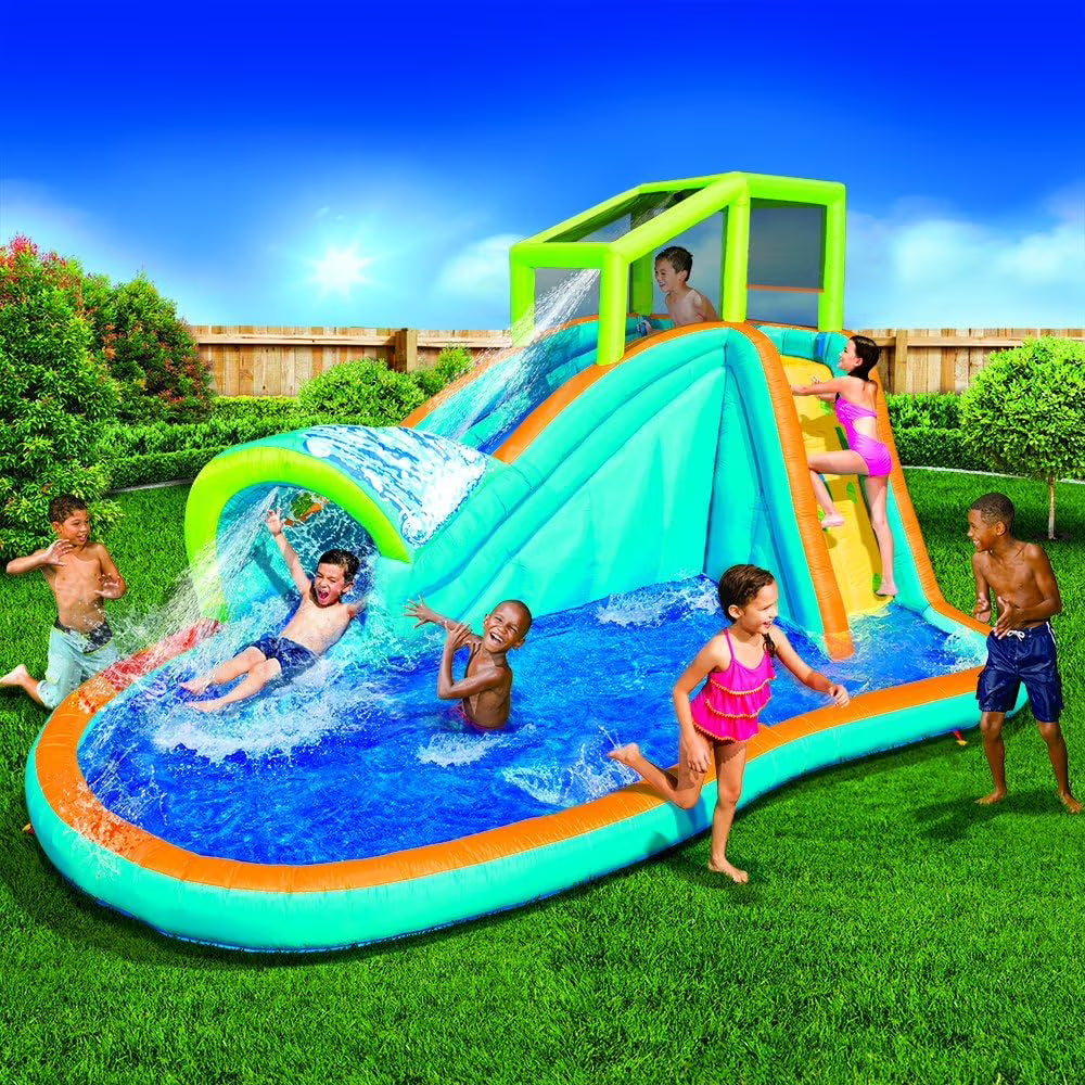 Inflatable Water Slide Huge Kids Pool (14 Feet Long by 8 Feet High) with Built in Sprinkler Wave and Water Wall- Heavy Duty Summer Outdoor Fun